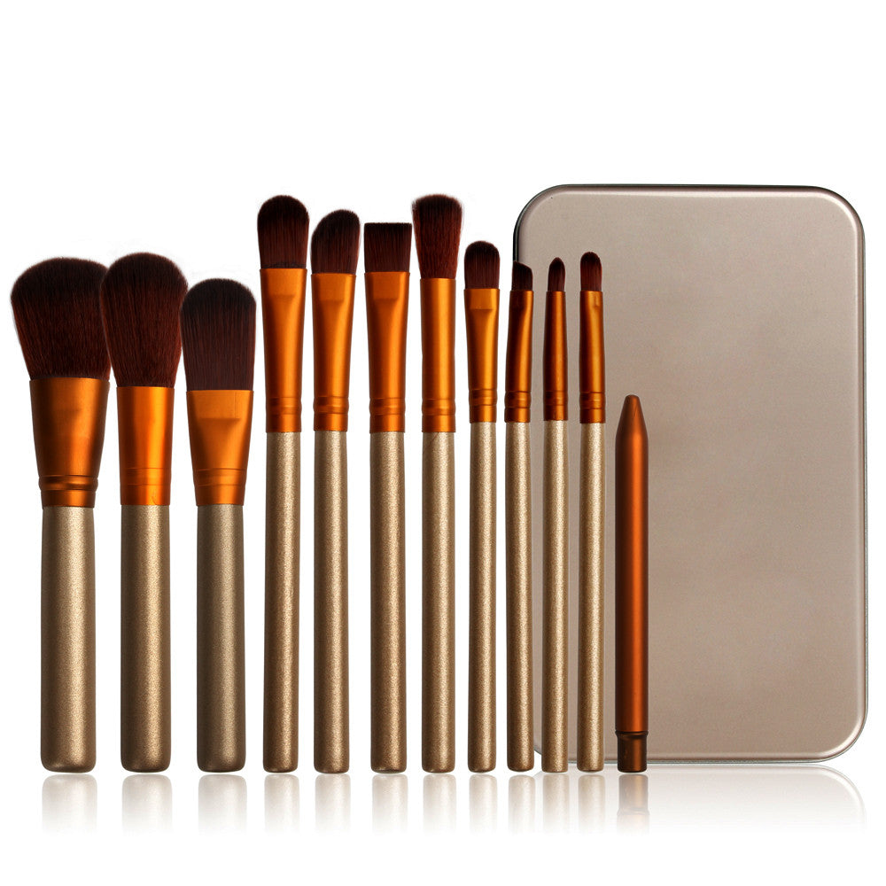 12 Piece Gold and White Make Up Brush Set With Metal Case