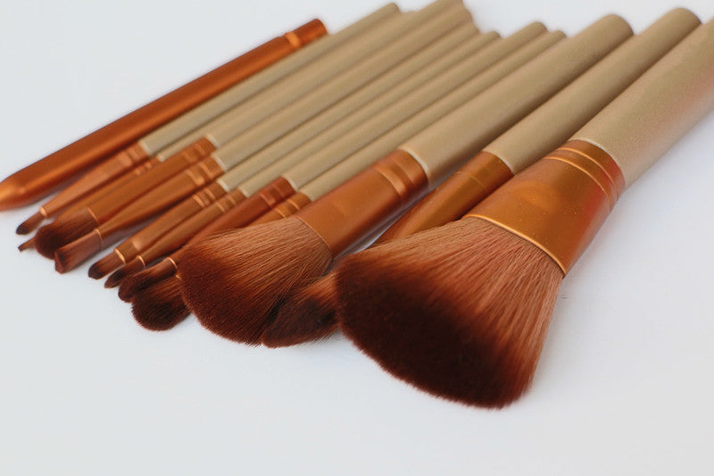 12 Piece Gold and White Make Up Brush Set With Metal Case
