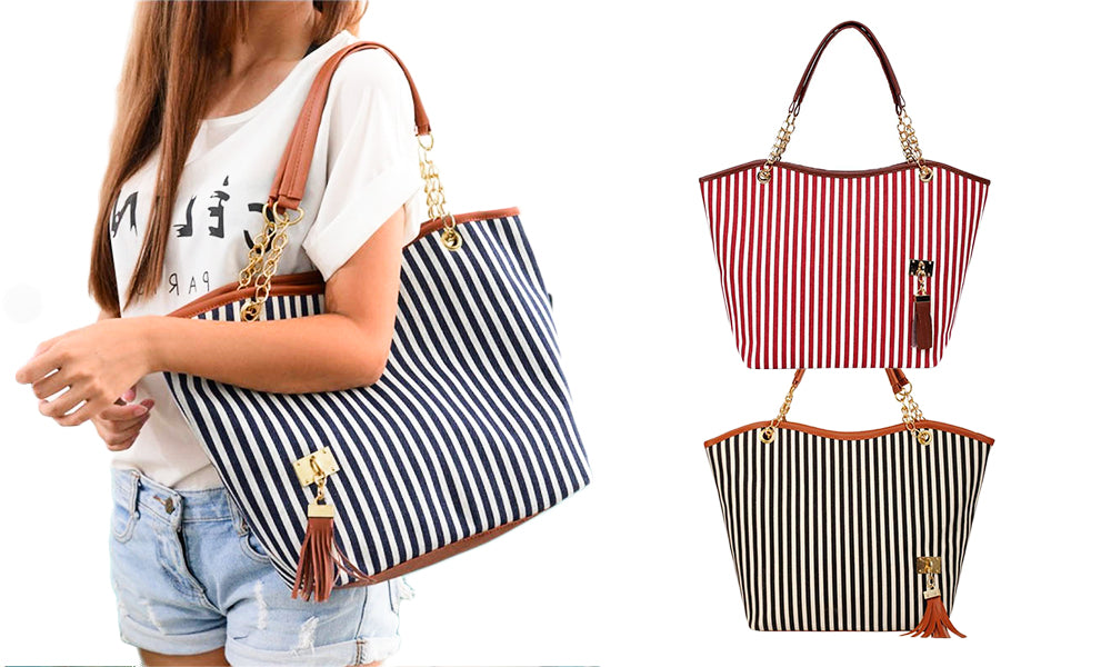 Striped Large Canvas Tote Bag