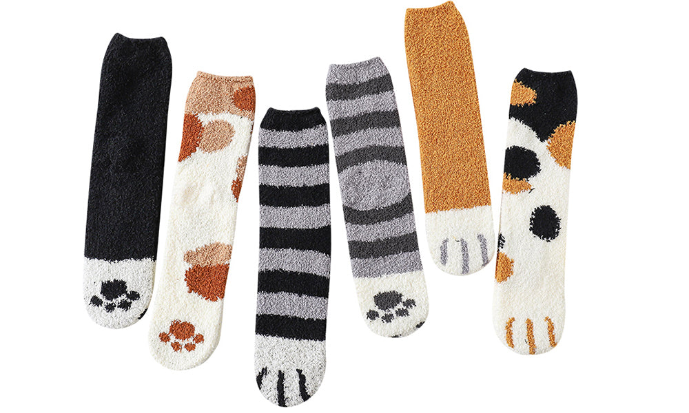 Ladies Fleece Cat Paw Socks 6-Pack