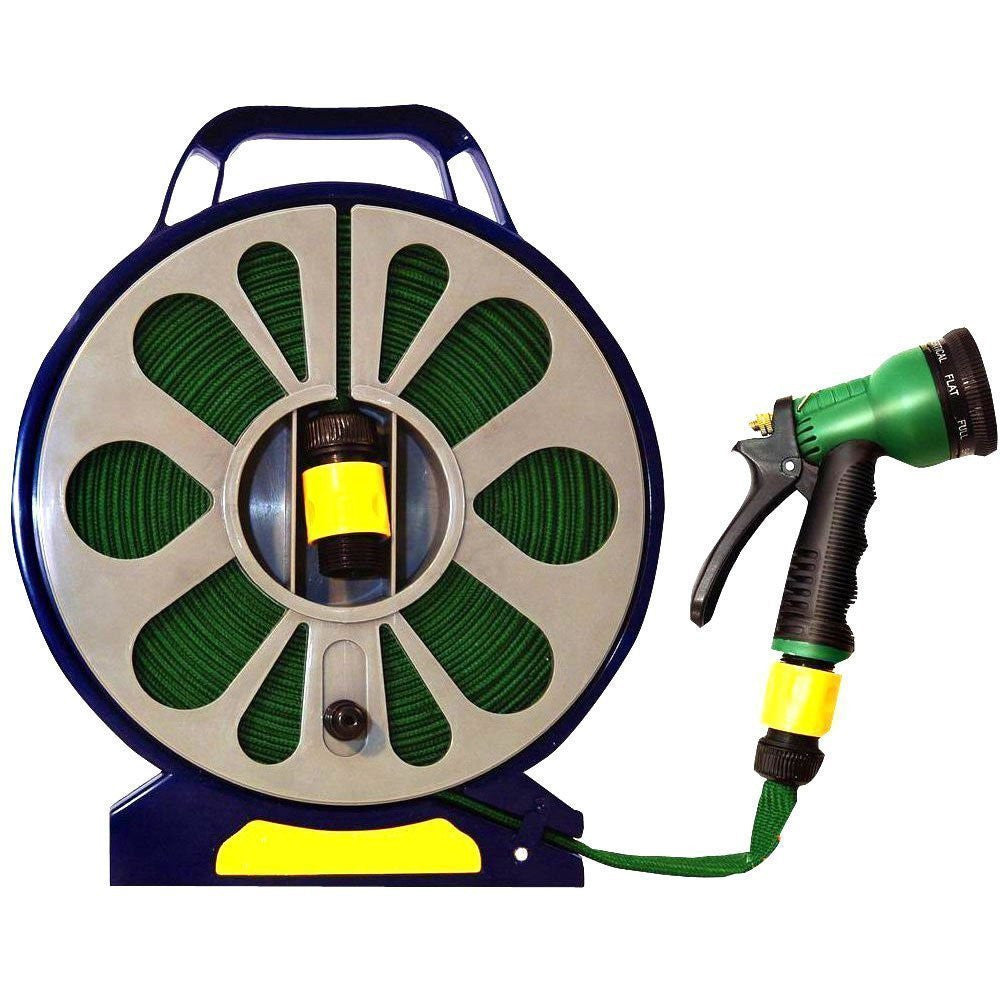50 ft Flat Hose and Spray Nozzle with Reel Easy Wind Reel 7 Settings