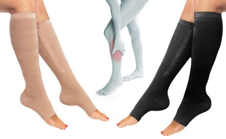 Pair of Knee-High Zippered Open-Toe Compression Socks