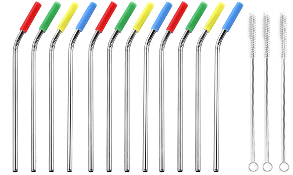 12 Pack of Stainless Steel Straws with Silicone Tips
