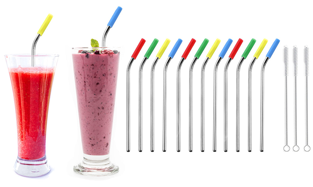 12 Pack of Stainless Steel Straws with Silicone Tips