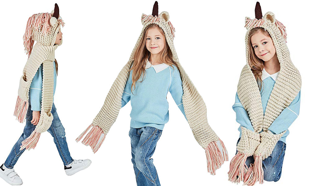 Kids Unicorn Winter Hat Scarf with Pockets