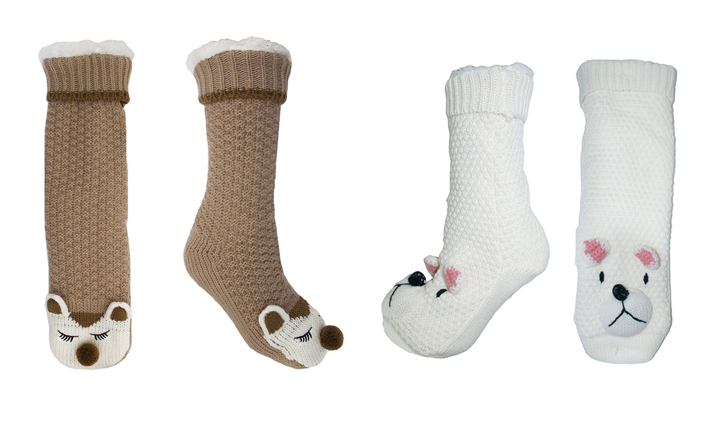 Ladies Fur or Knitted Animal Design Slipper Socks with Grip